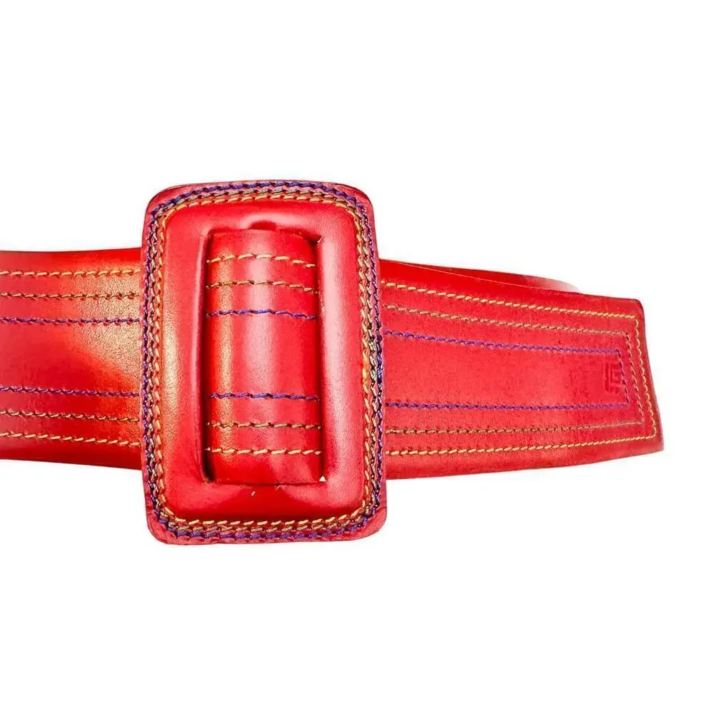 Guy Laroche France Vintage Red Leather Belt Colorful Stitching Size 28